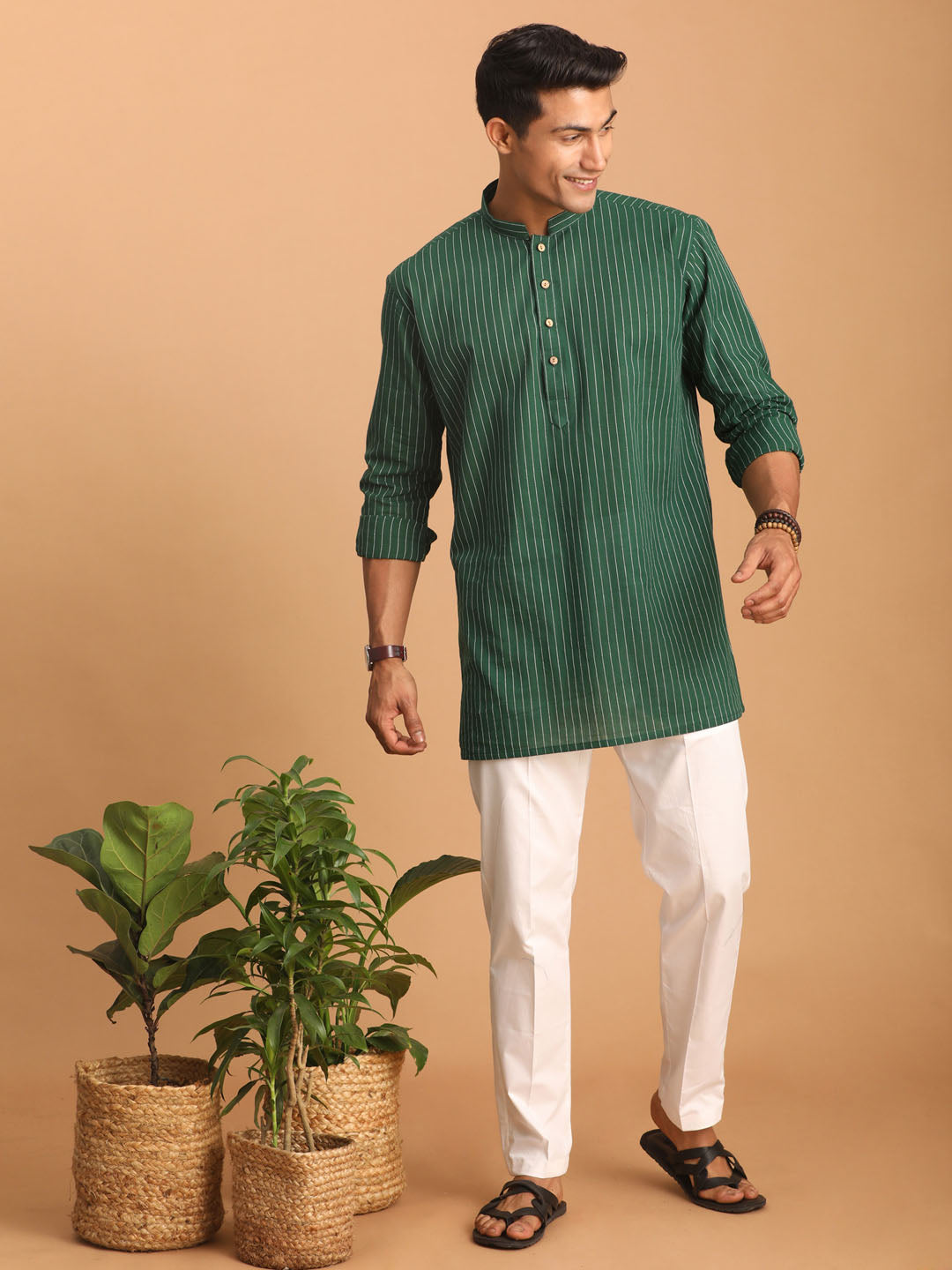 Men's Green And White Cotton Short Kurta And Pyjama Set