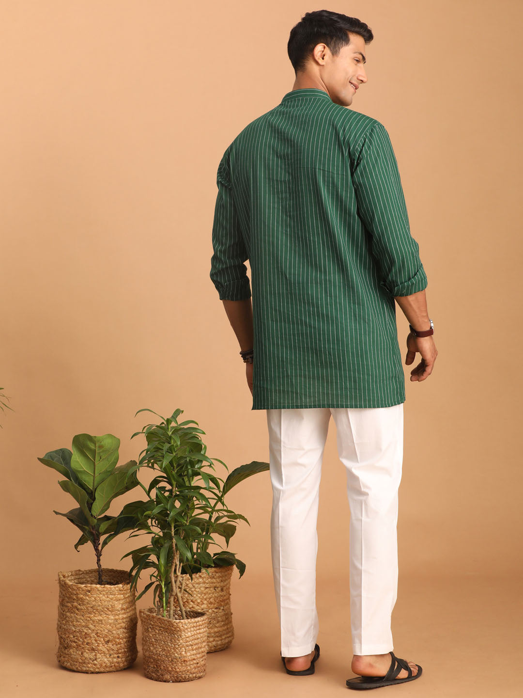 Men's Green And White Cotton Short Kurta And Pyjama Set