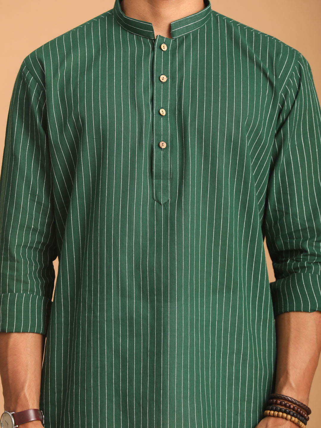 Men's Green And White Cotton Short Kurta And Pyjama Set