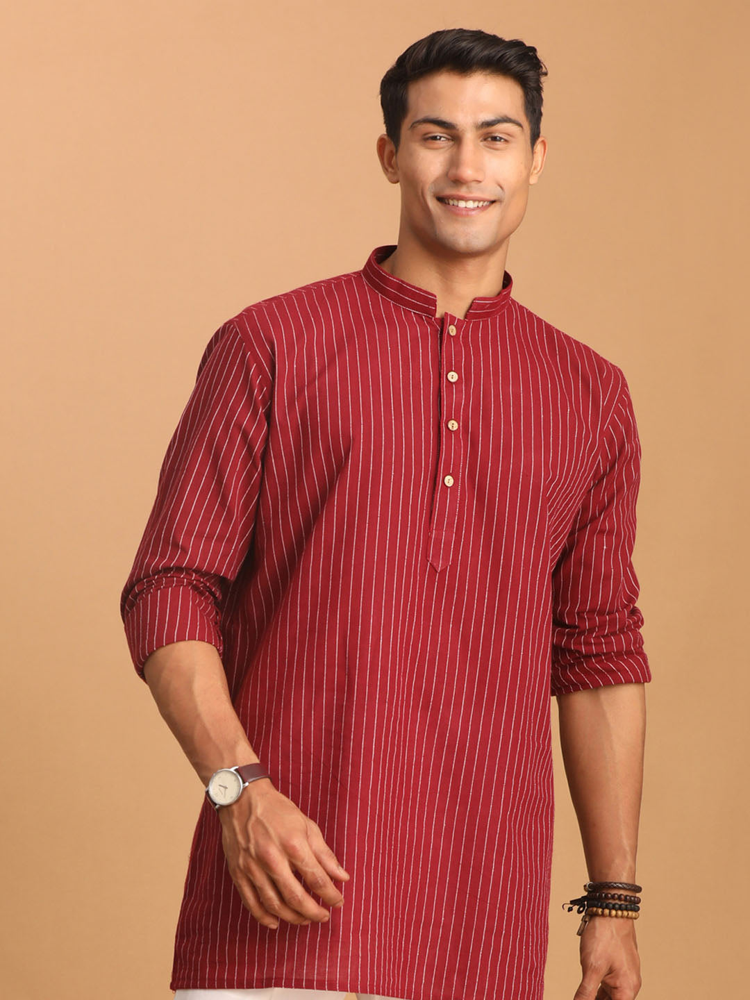 Men's Maroon Cotton Short Kurta