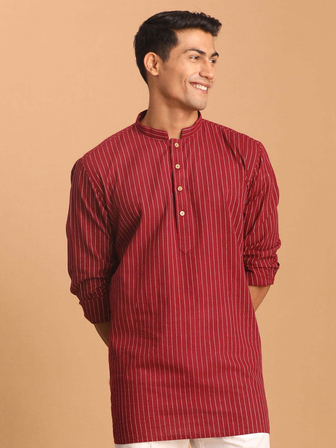 Men's Maroon Cotton Short Kurta