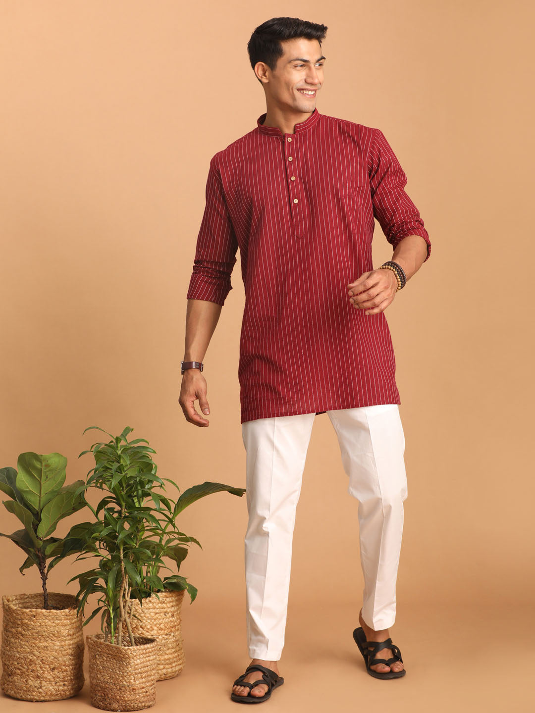 Men's Maroon Cotton Short Kurta