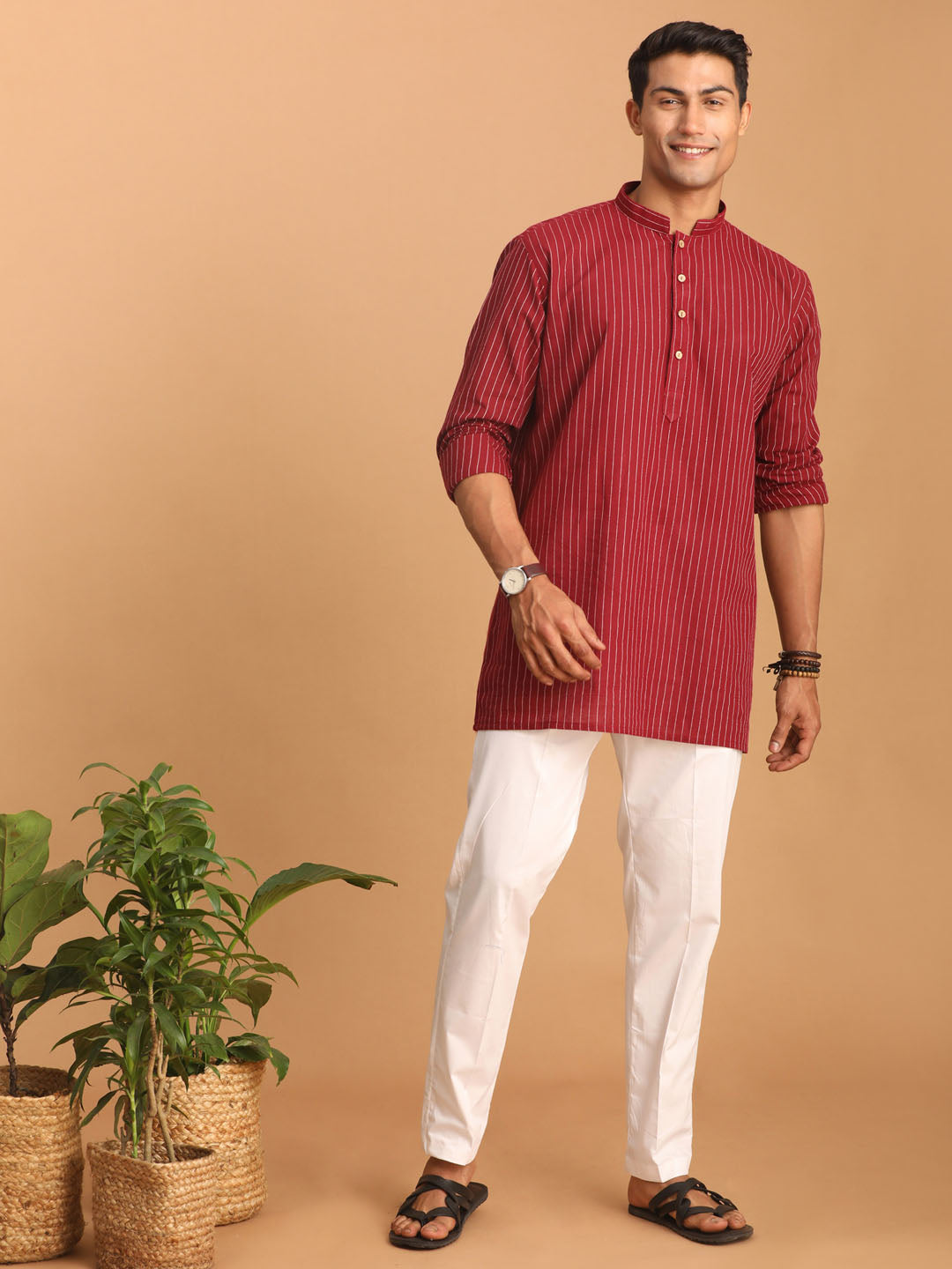 Men's Maroon And White Cotton Short Kurta And Pyjama Set