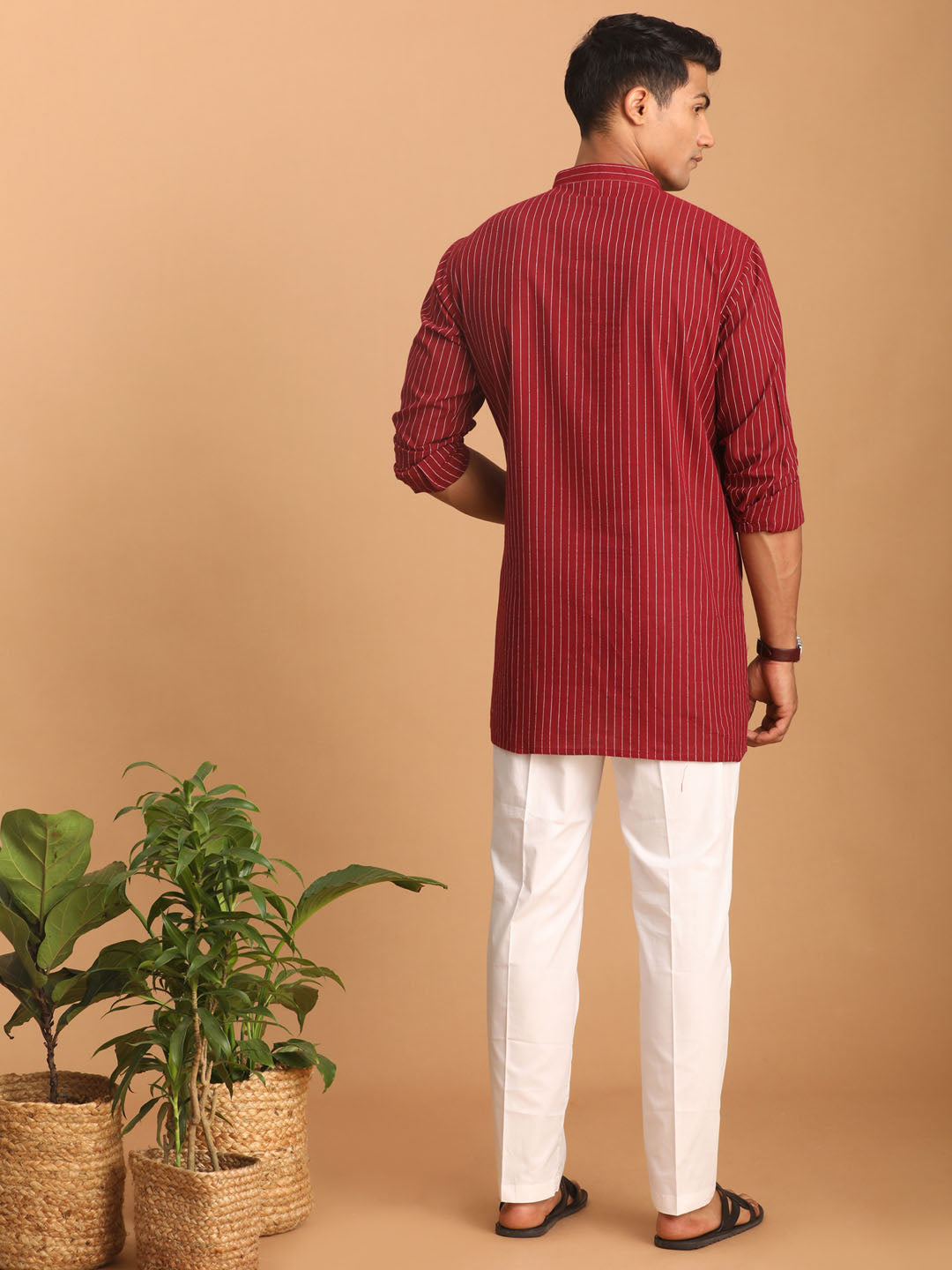 Men's Maroon And White Cotton Short Kurta And Pyjama Set