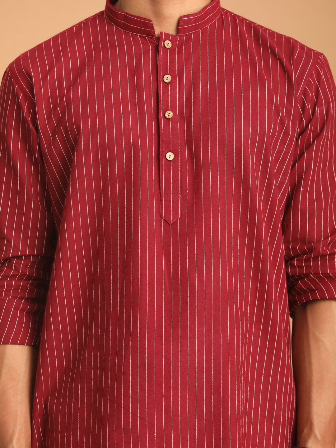 Men's Maroon And White Cotton Short Kurta And Pyjama Set