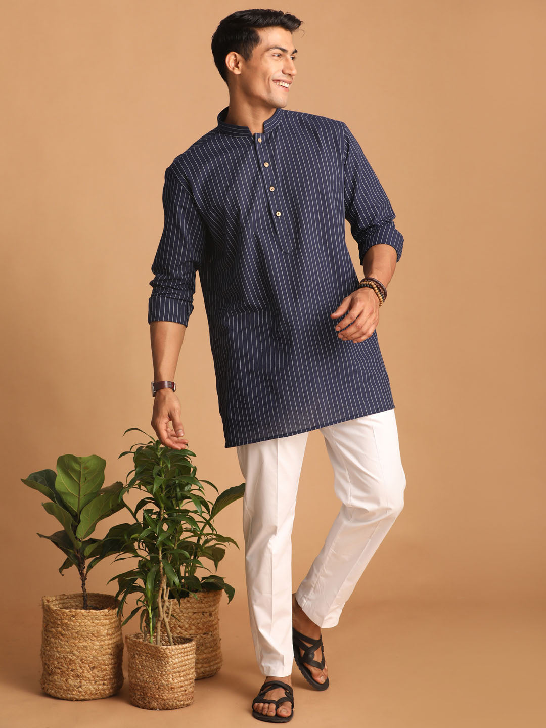 Men's Navy Blue Cotton Short Kurta