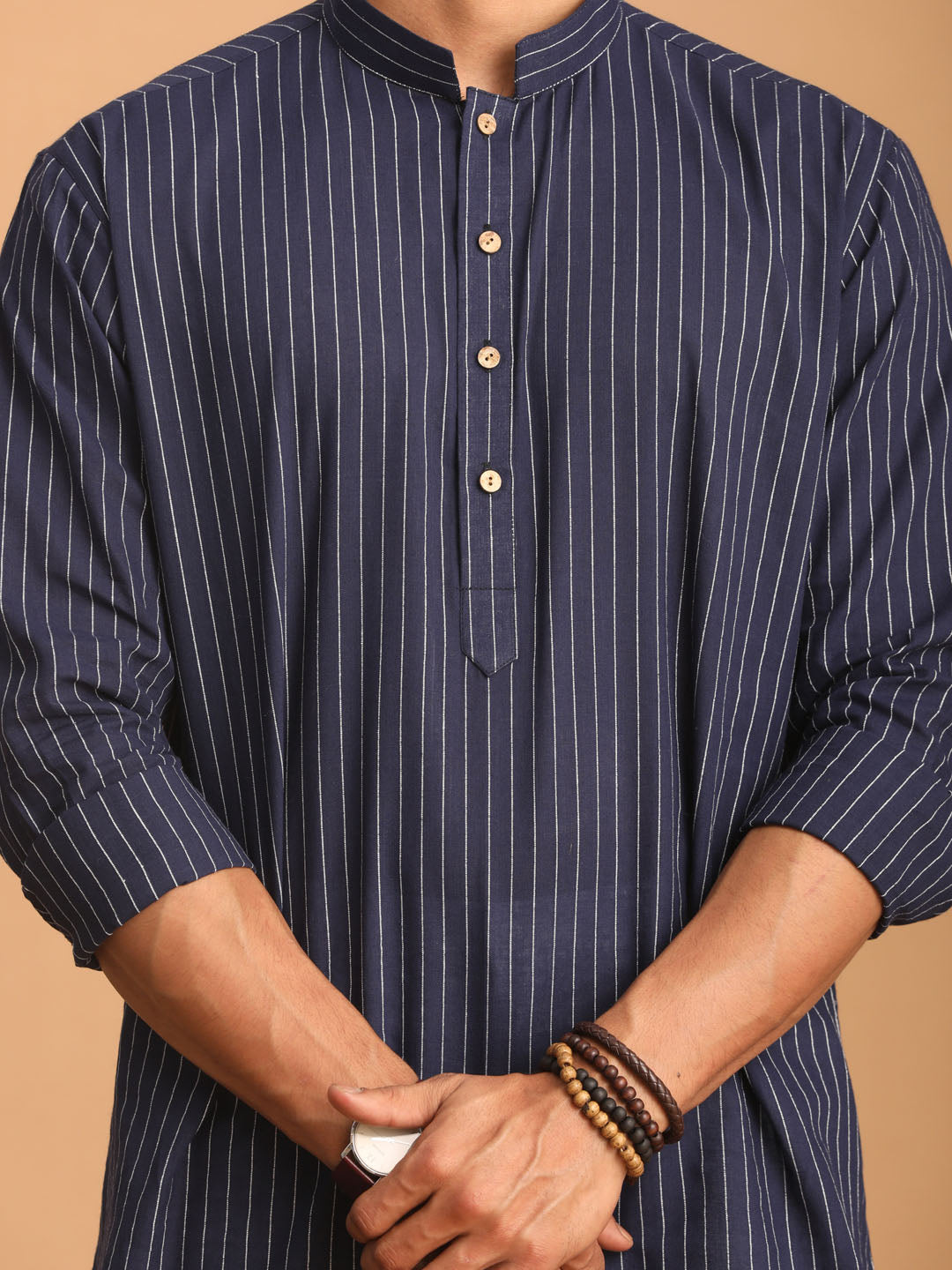 Men's Navy Blue And White Cotton Short Kurta And Pyjama Set