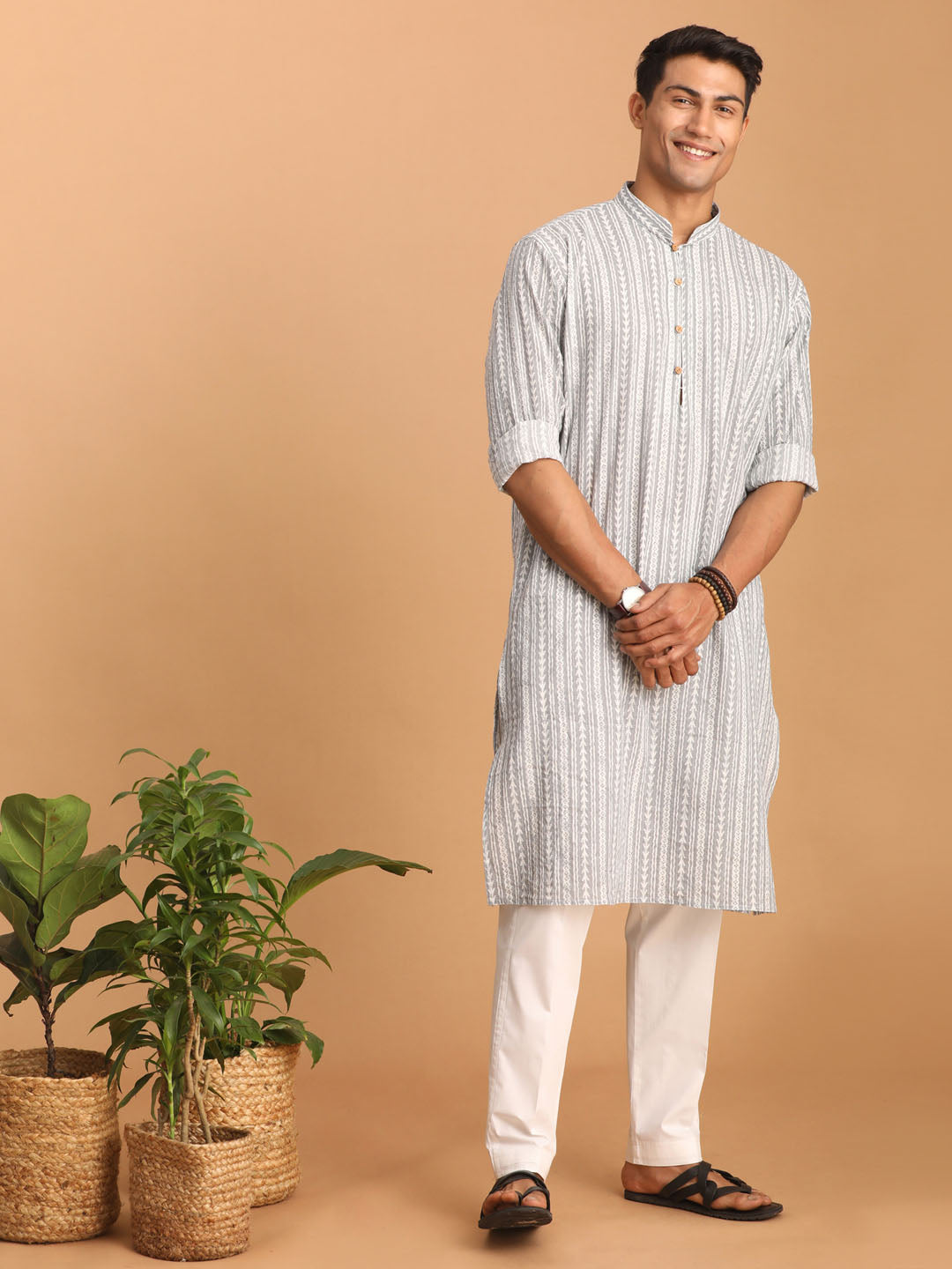 Men's Grey And White Cotton Kurta And Pyjama Set