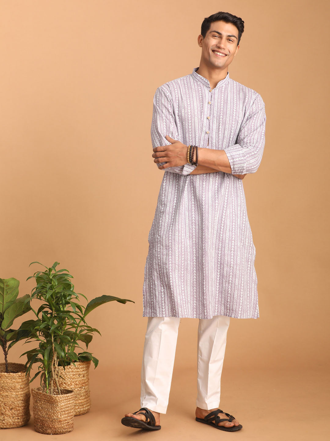 Men's Purple And White Cotton Kurta And Pyjama Set