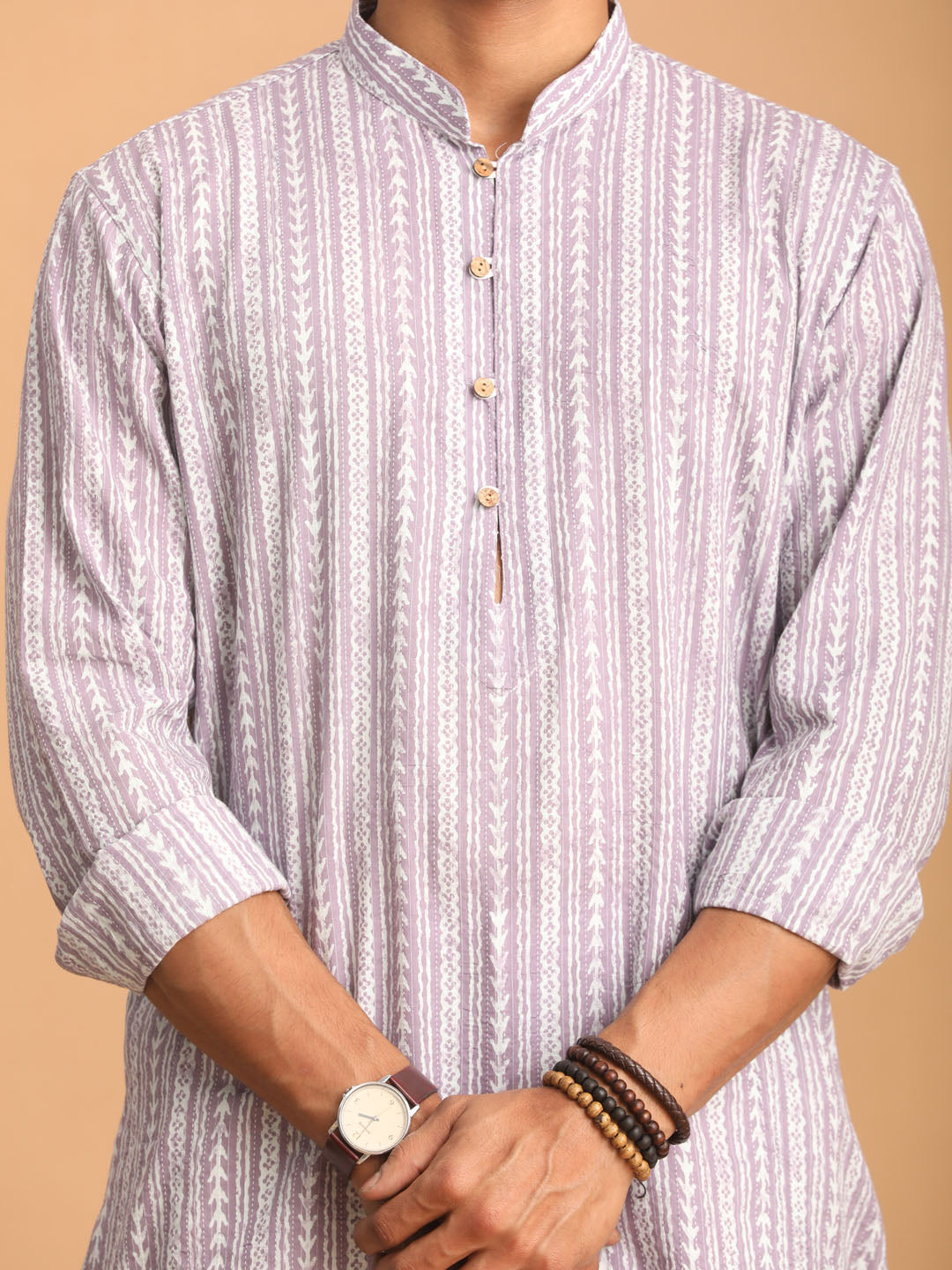 Men's Purple And White Cotton Kurta And Pyjama Set