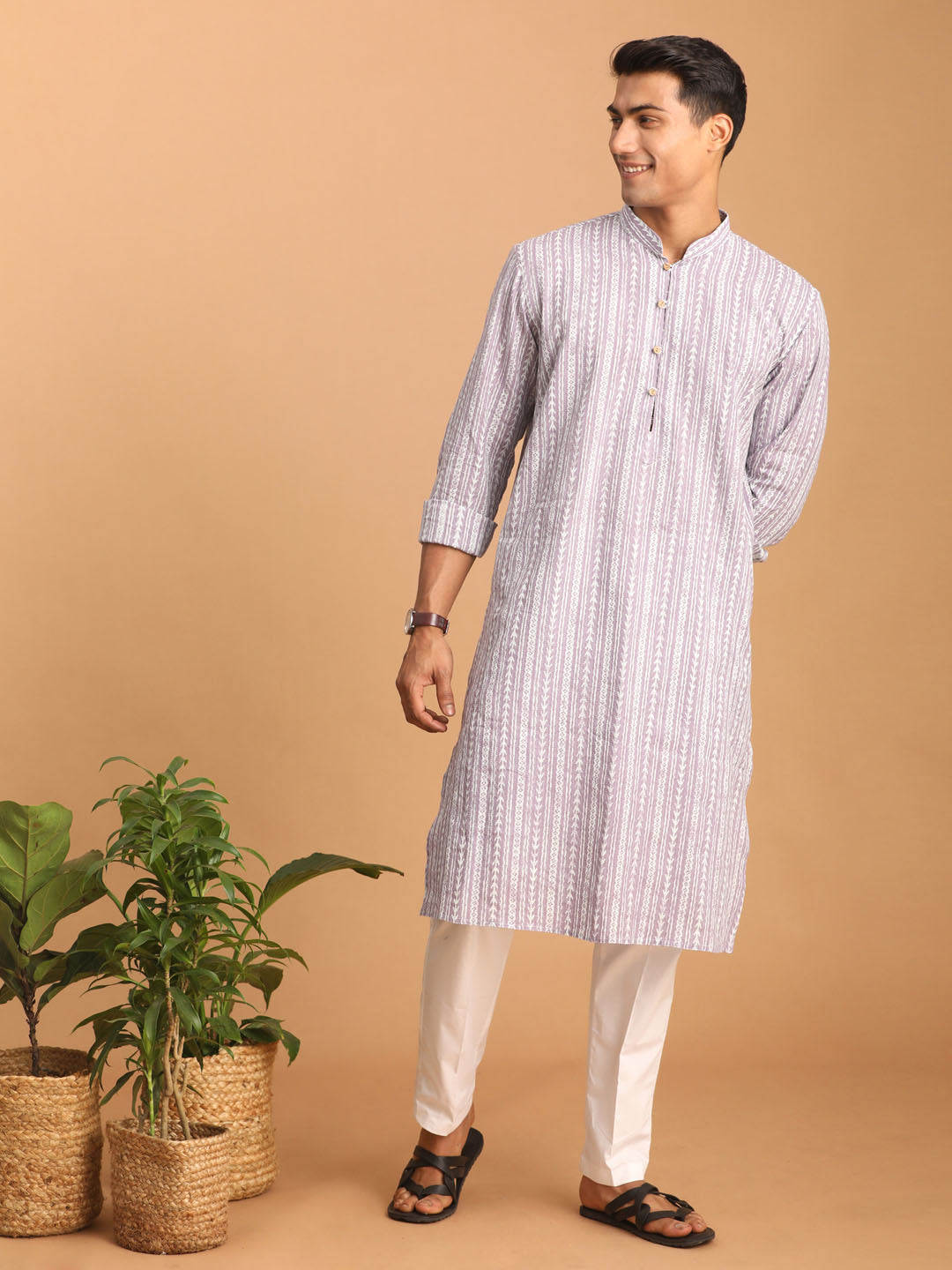 Men's Purple And White Cotton Kurta And Pyjama Set