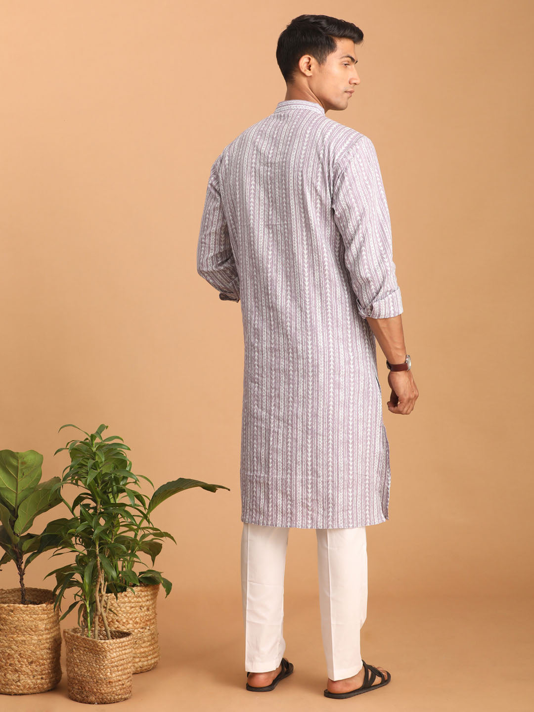 Men's Purple And White Cotton Kurta And Pyjama Set