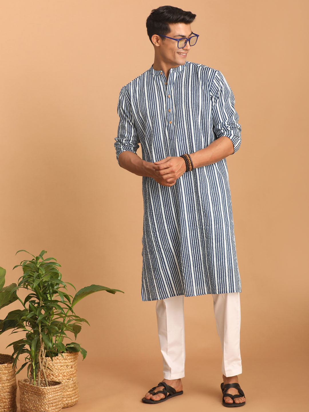 Men's Indigo Blue And White Cotton Kurta And Pyjama Set