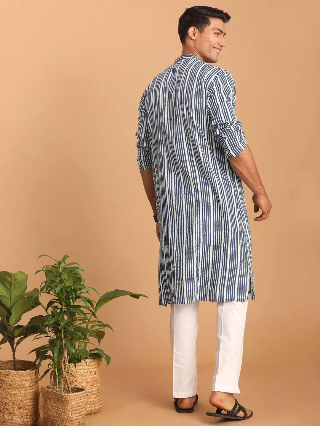 Men's Indigo Blue And White Cotton Kurta And Pyjama Set