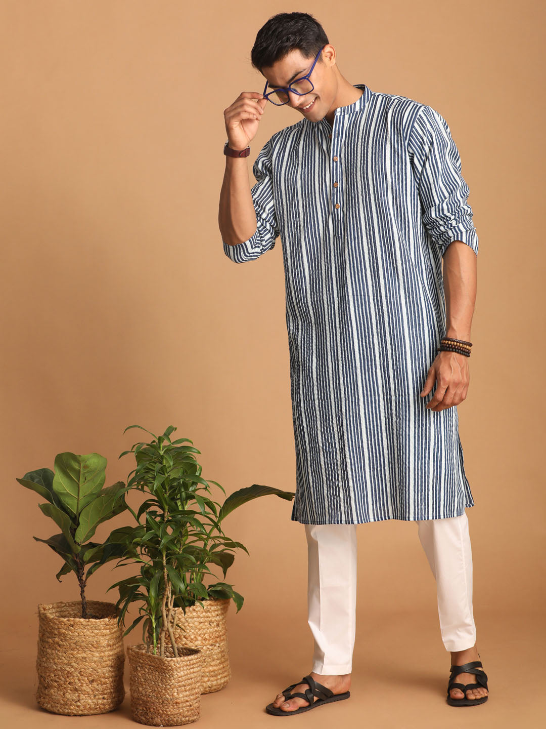 Men's Indigo Blue And White Cotton Kurta And Pyjama Set