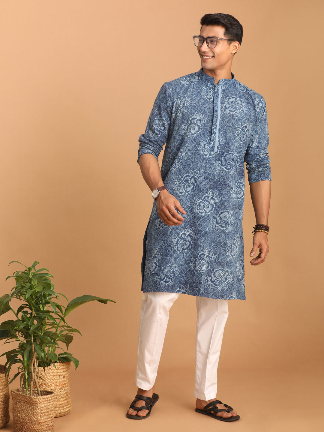 Men's Indigo Blue And White Cotton Kurta And Pyjama Set