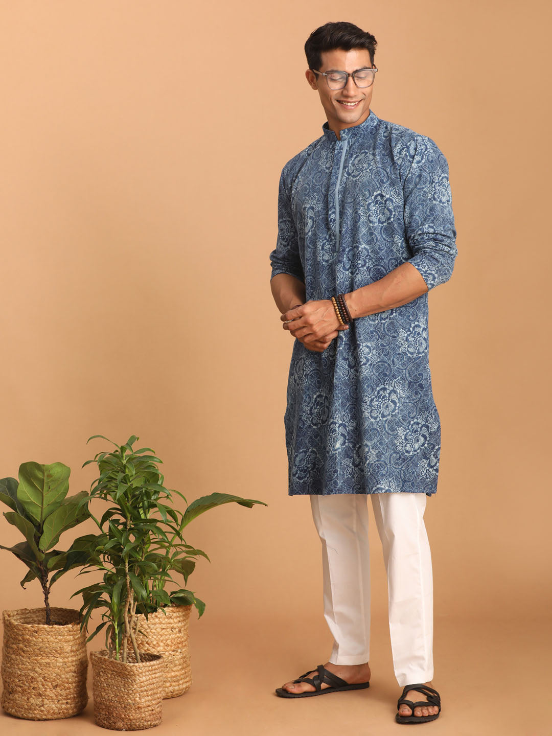 Men's Indigo Blue And White Cotton Kurta And Pyjama Set