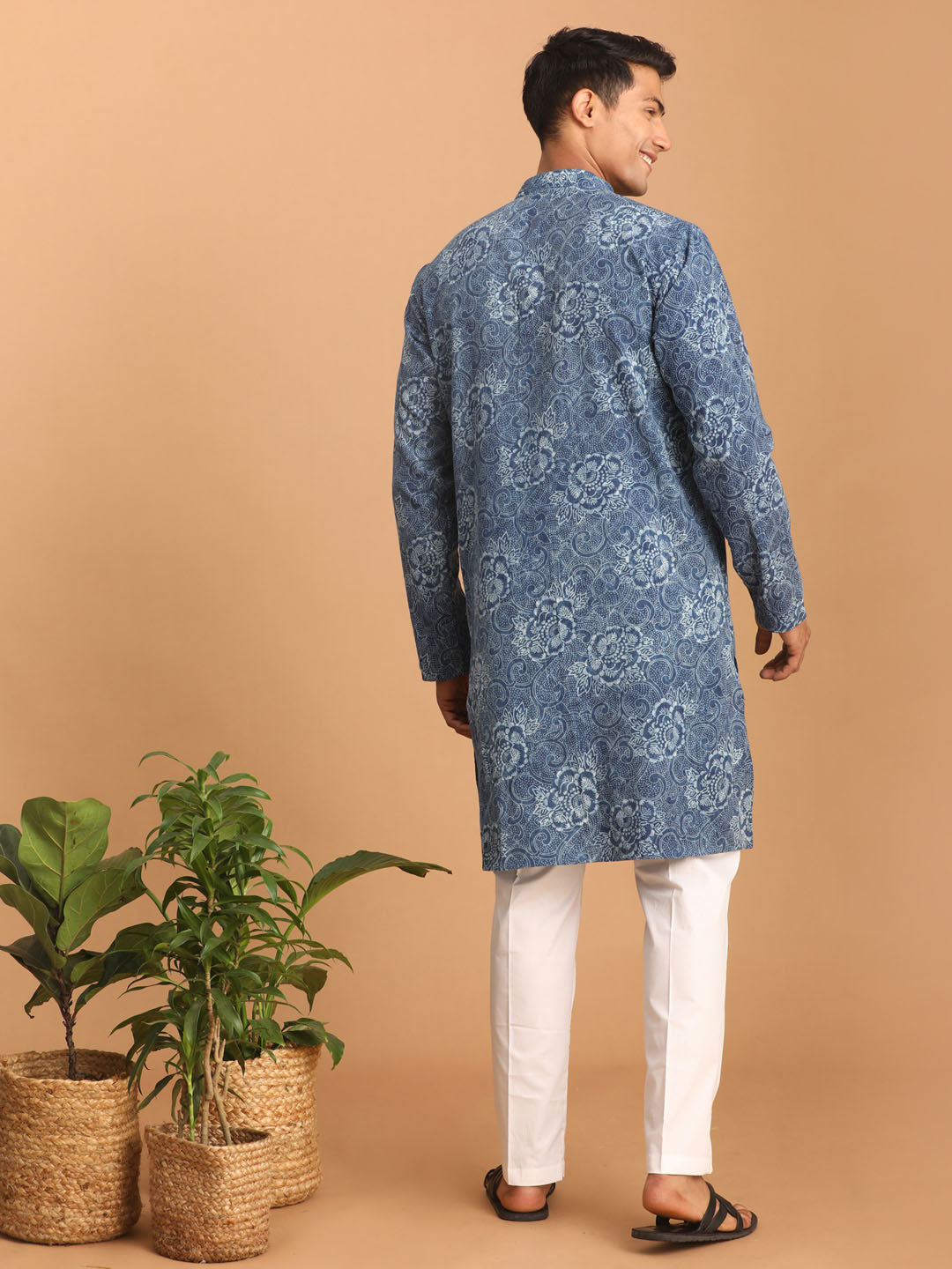 Men's Indigo Blue And White Cotton Kurta And Pyjama Set