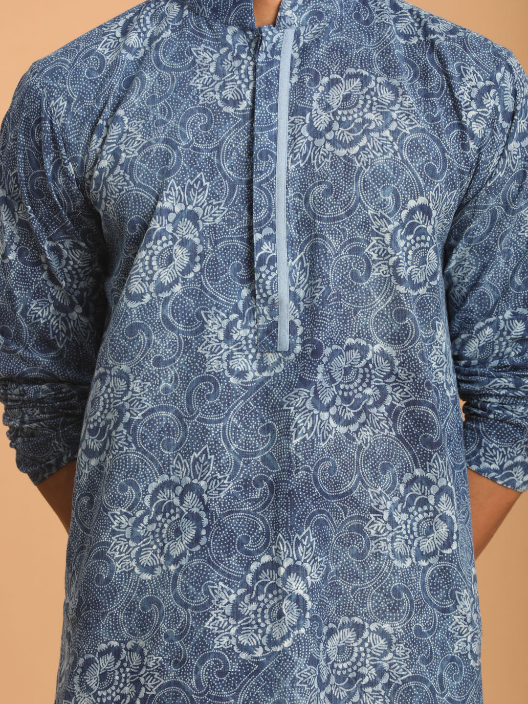 Men's Indigo Blue And White Cotton Kurta And Pyjama Set