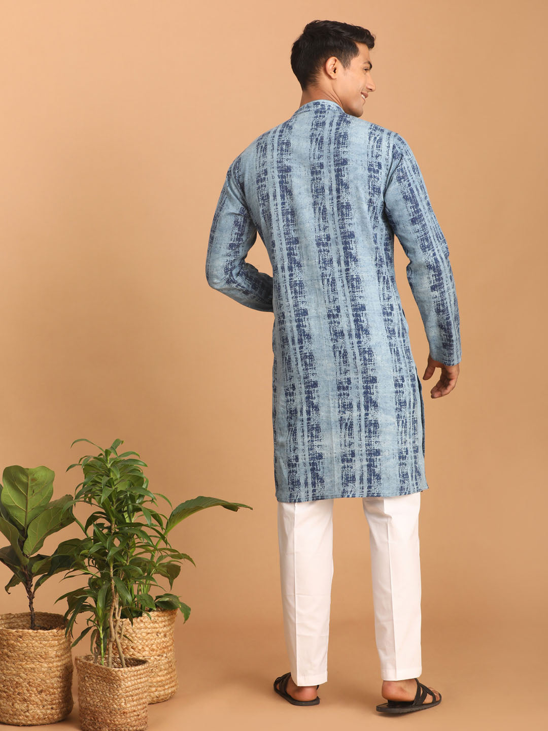 Men's Indigo Blue And White Cotton Kurta Pyjama Set