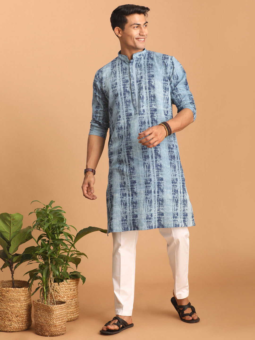 Men's Indigo Blue And White Cotton Kurta Pyjama Set