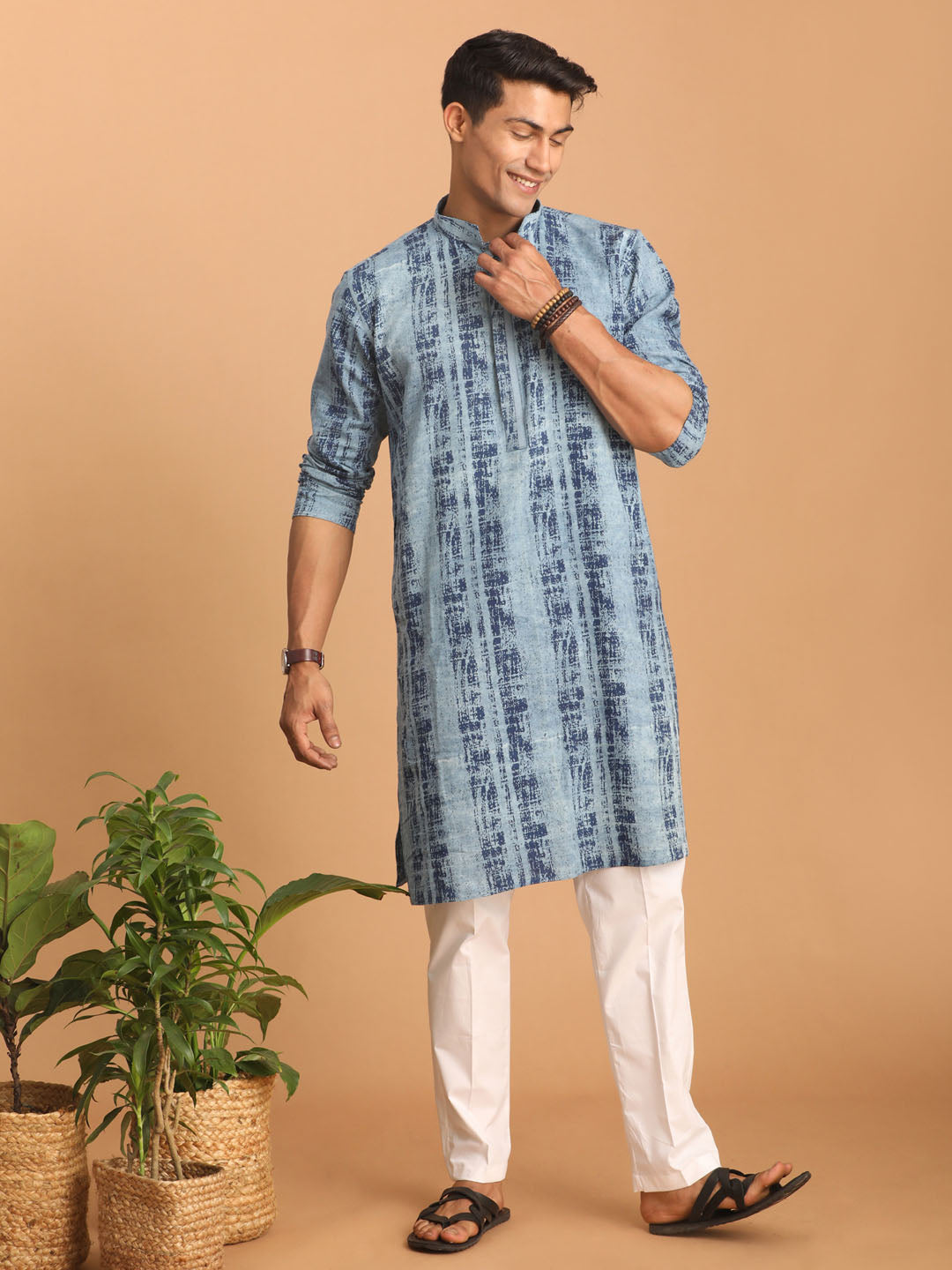 Men's Indigo Blue And White Cotton Kurta Pyjama Set