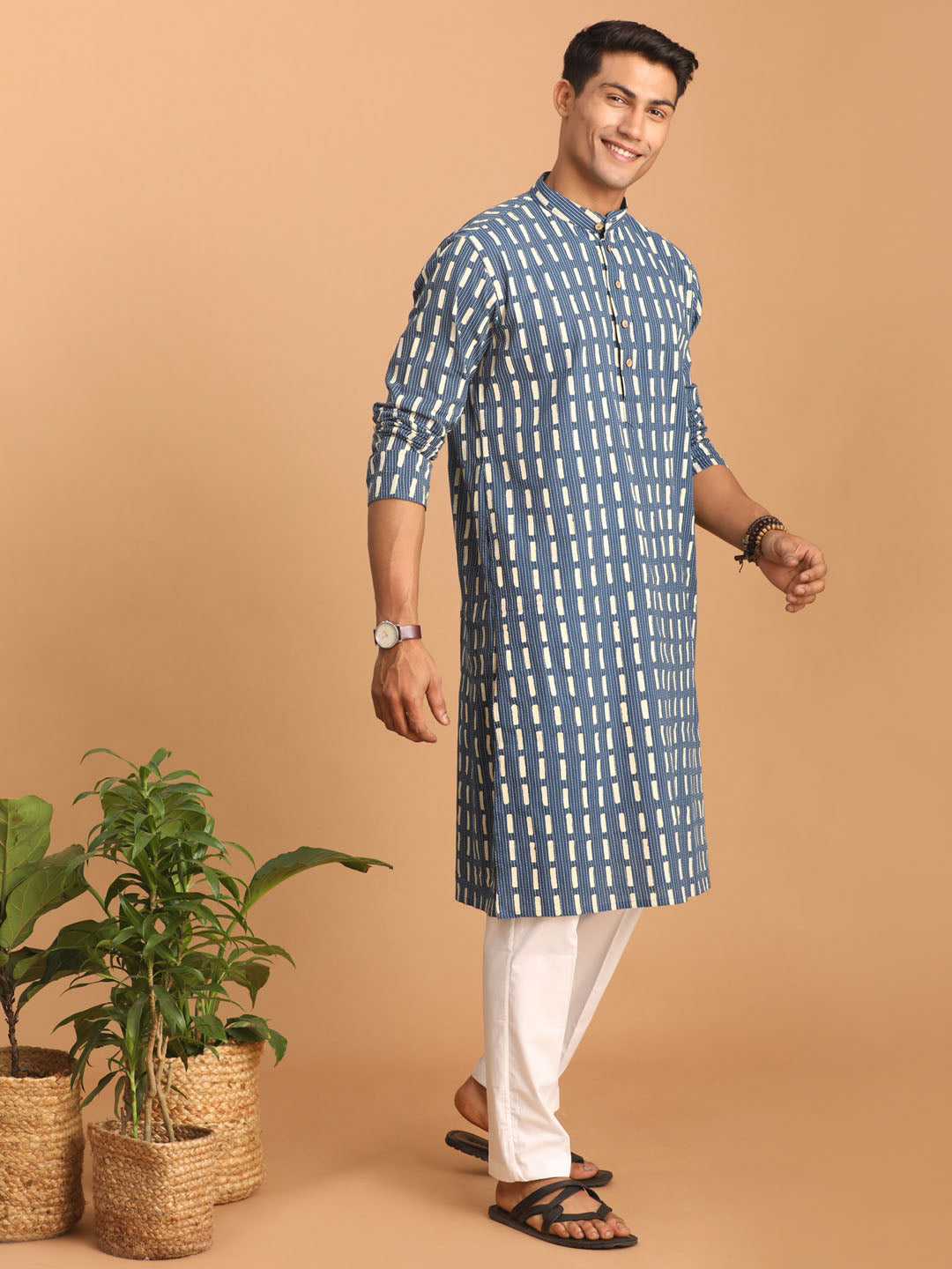 Men's Indigo Blue And White Cotton Kurta And Pyjama Set