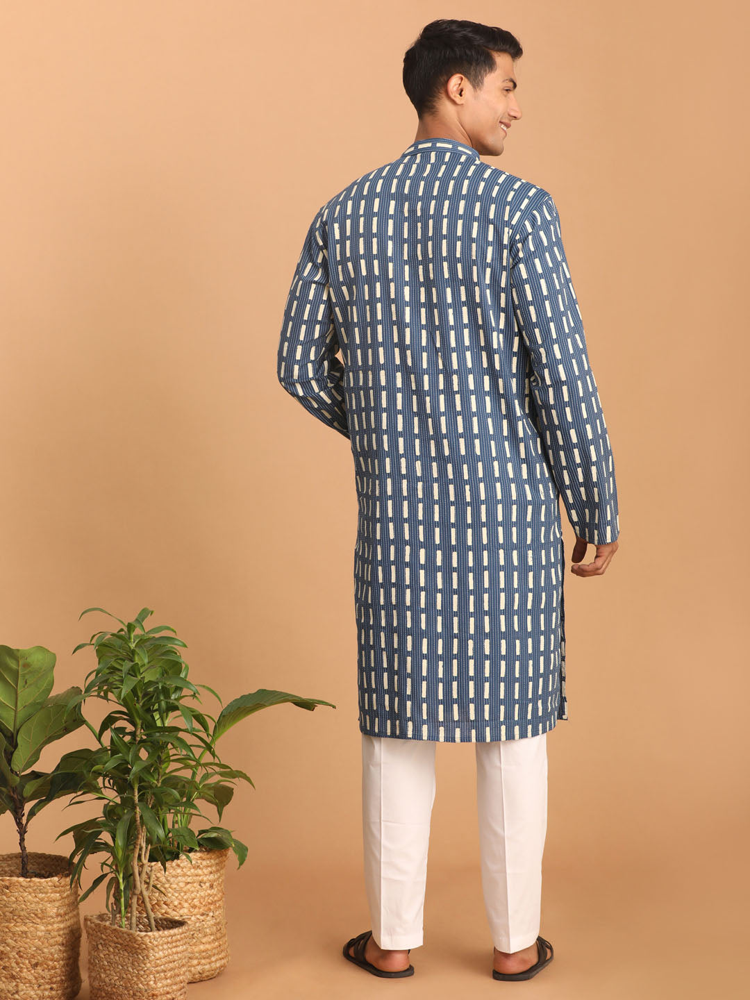 Men's Indigo Blue And White Cotton Kurta And Pyjama Set