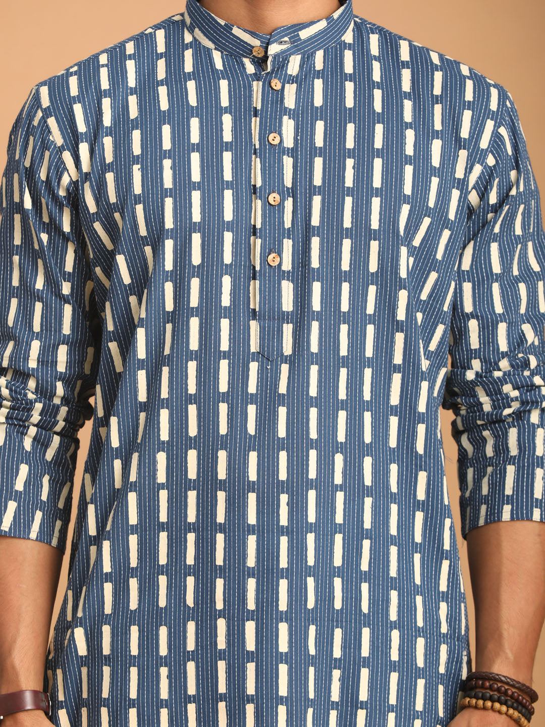 Men's Indigo Blue And White Cotton Kurta And Pyjama Set