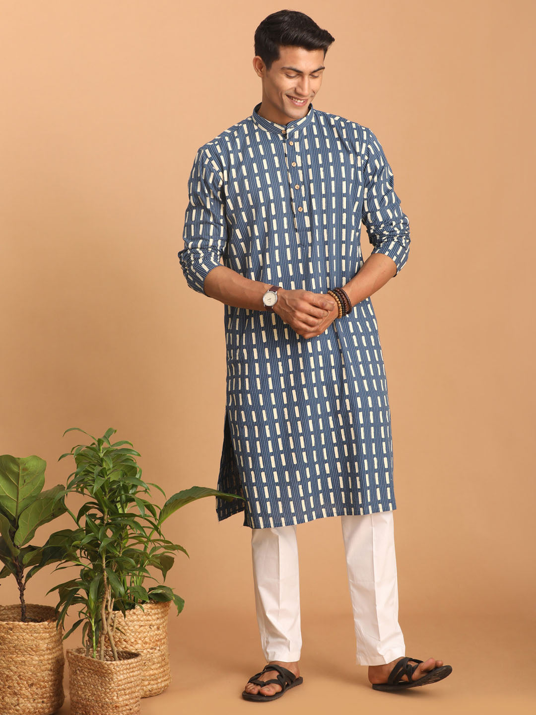 Men's Indigo Blue And White Cotton Kurta And Pyjama Set