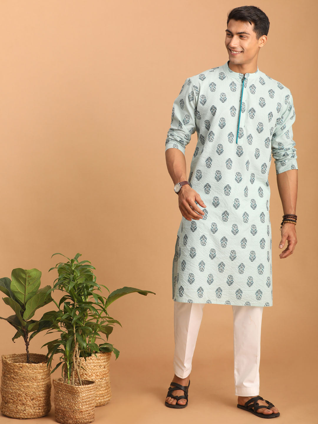 Men's Aqua Cotton Kurta