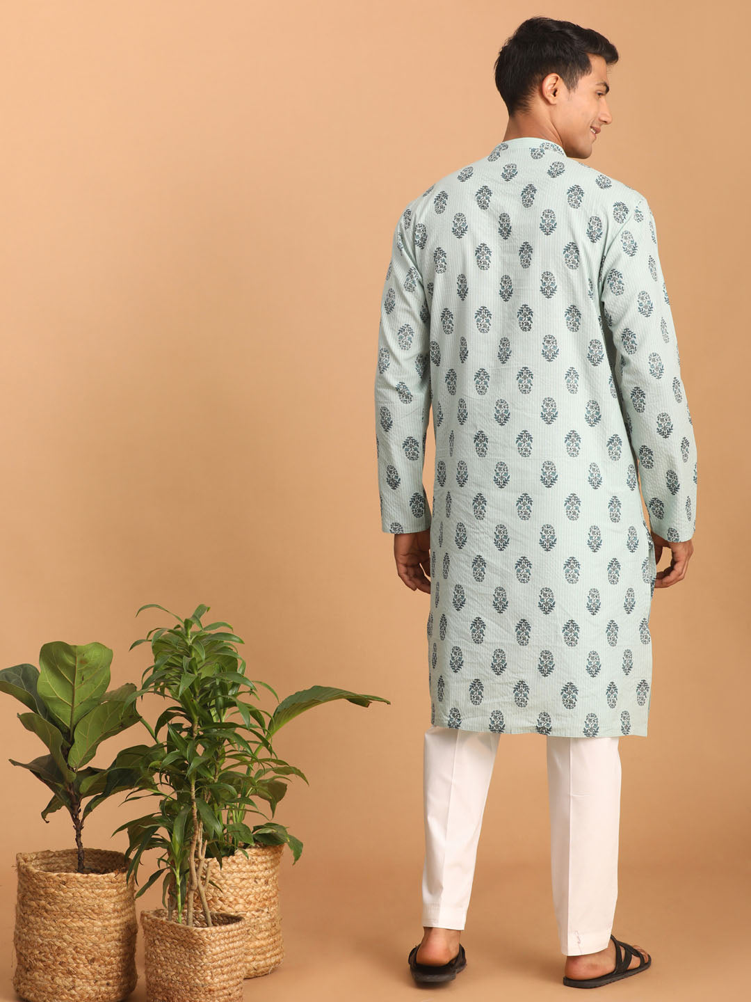 Men's Aqua And White Cotton Kurta And Pyjama Set