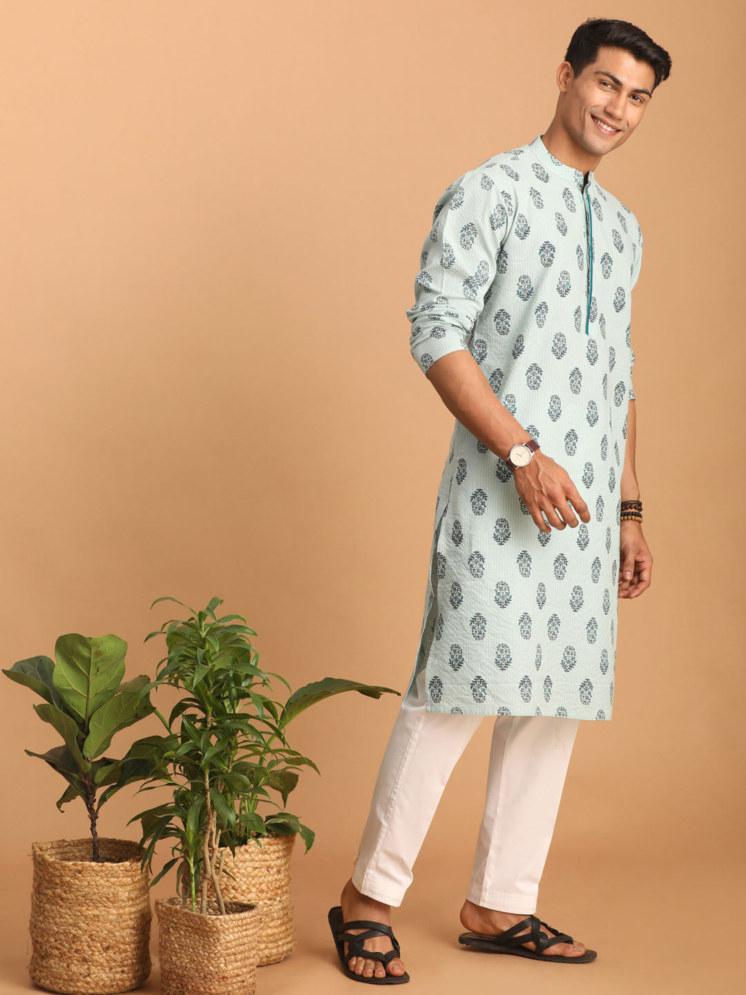 Men's Aqua And White Cotton Kurta And Pyjama Set