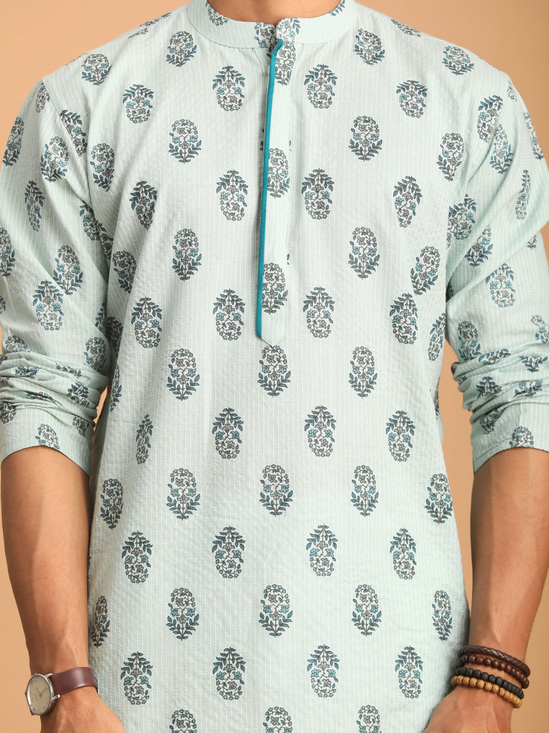 Men's Aqua And White Cotton Kurta And Pyjama Set