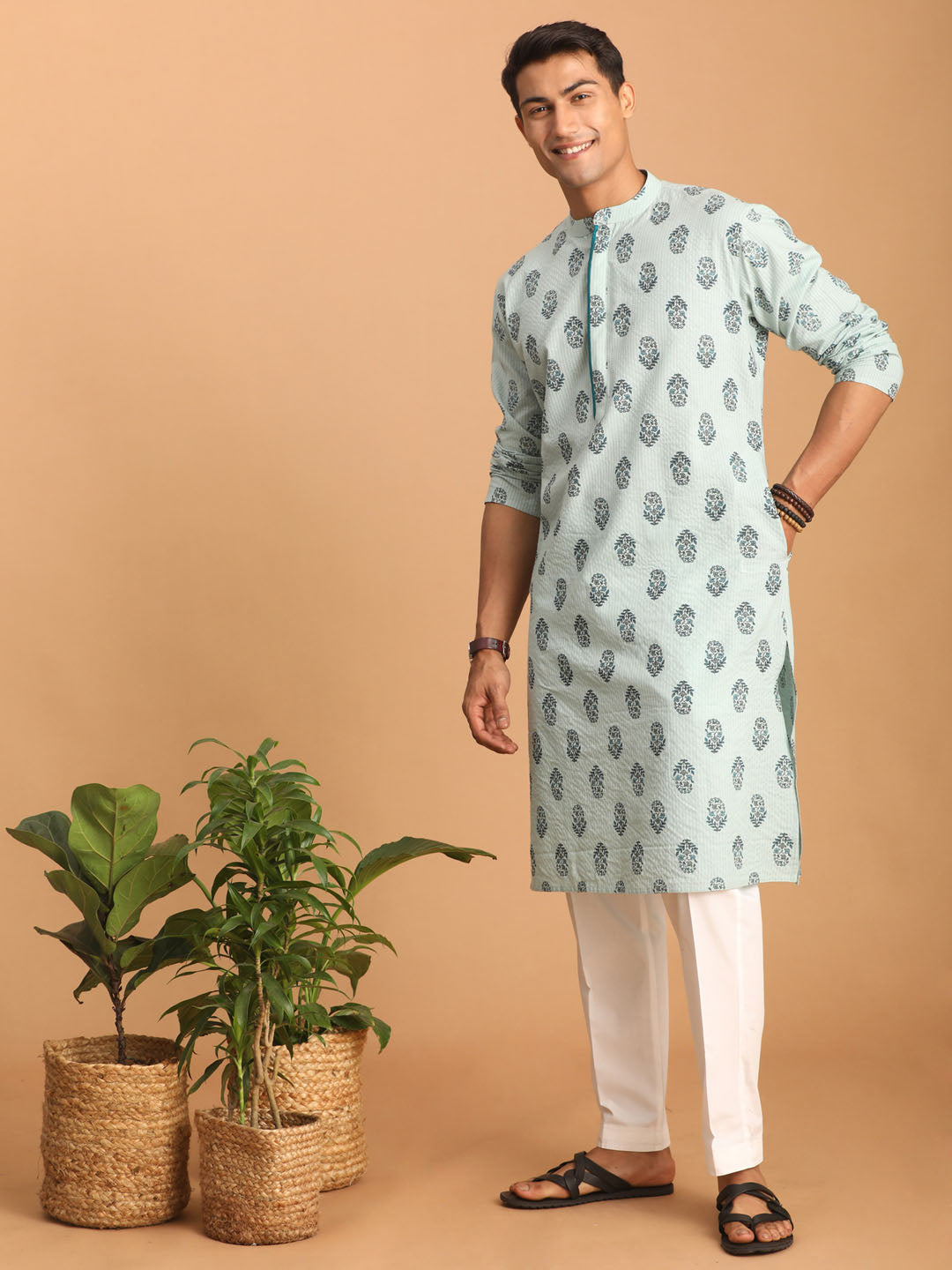 Men's Aqua And White Cotton Kurta And Pyjama Set