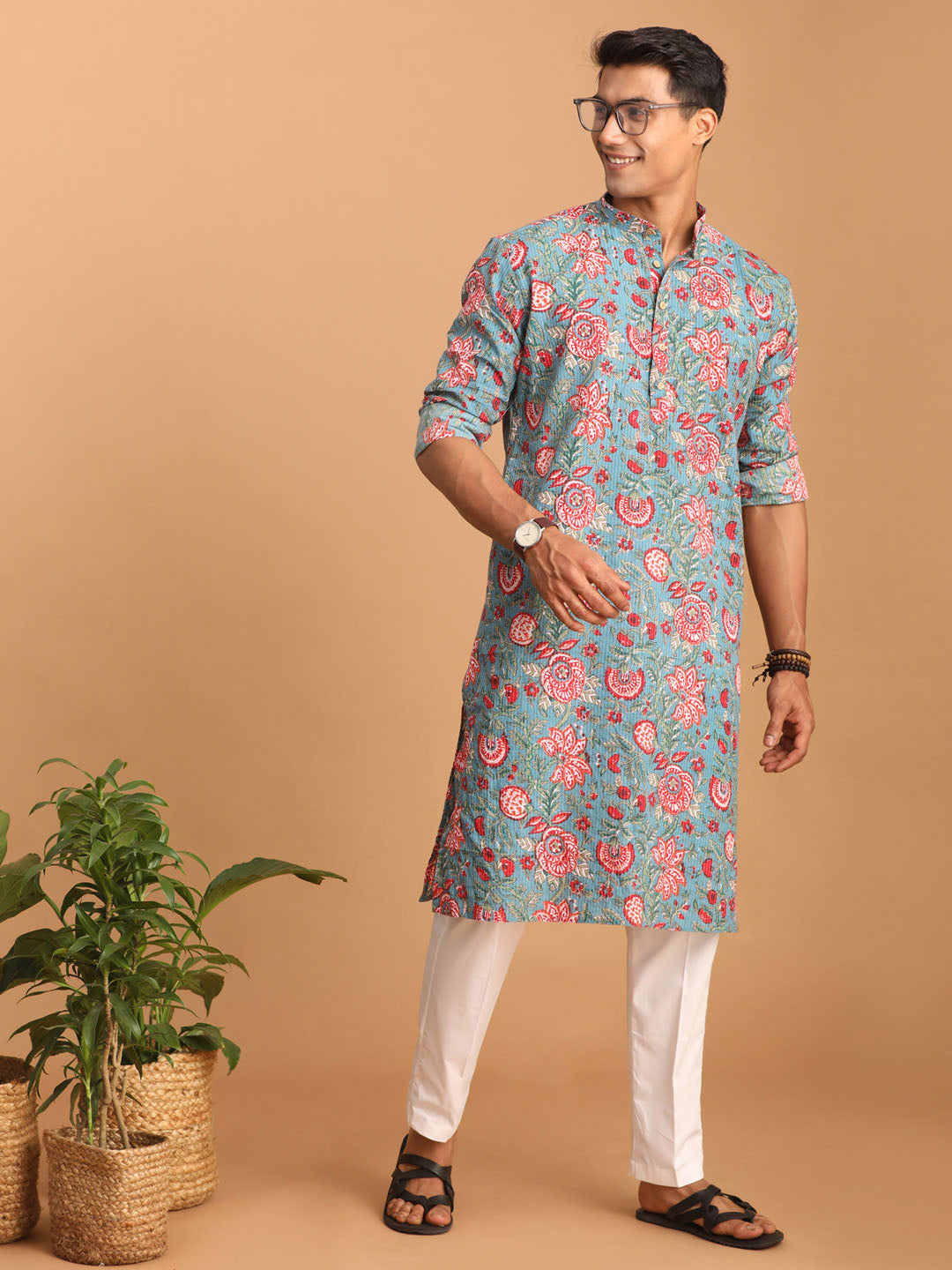 Men's Aqua And White Cotton Kurta And Pyjama Set