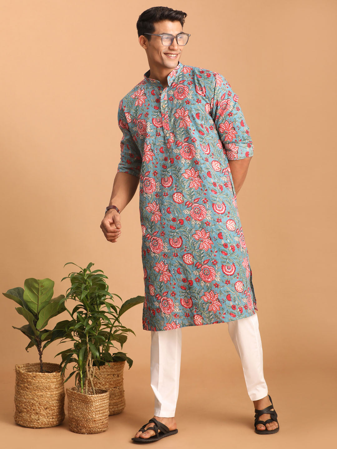 Men's Aqua And White Cotton Kurta And Pyjama Set