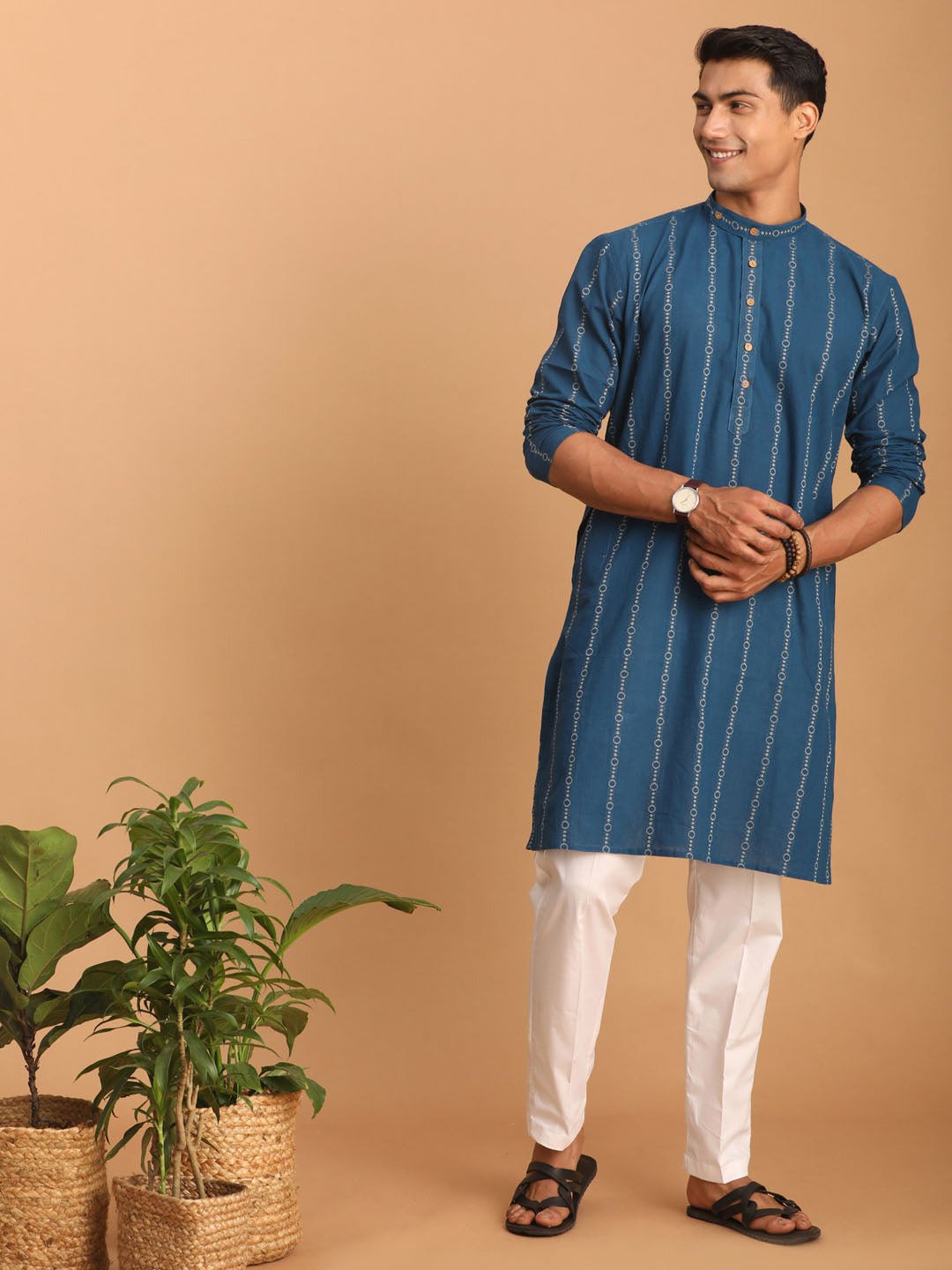 Men's Indigo Blue Cotton Kurta And Pyjama Set