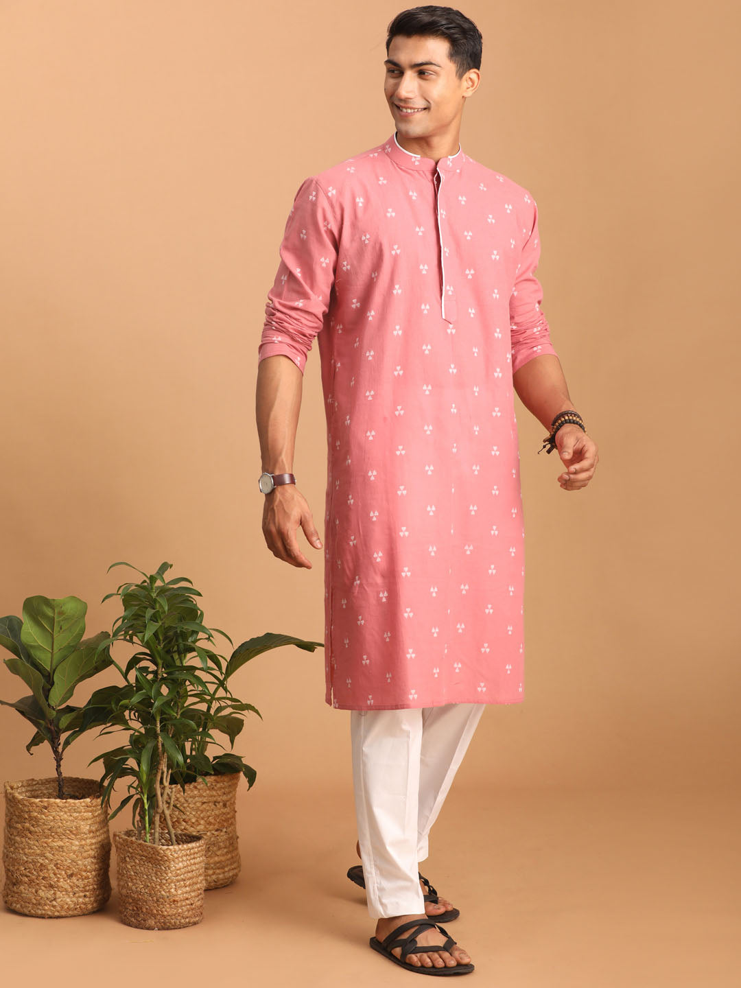 Men's Pink And White Cotton Kurta And Pyjama Set