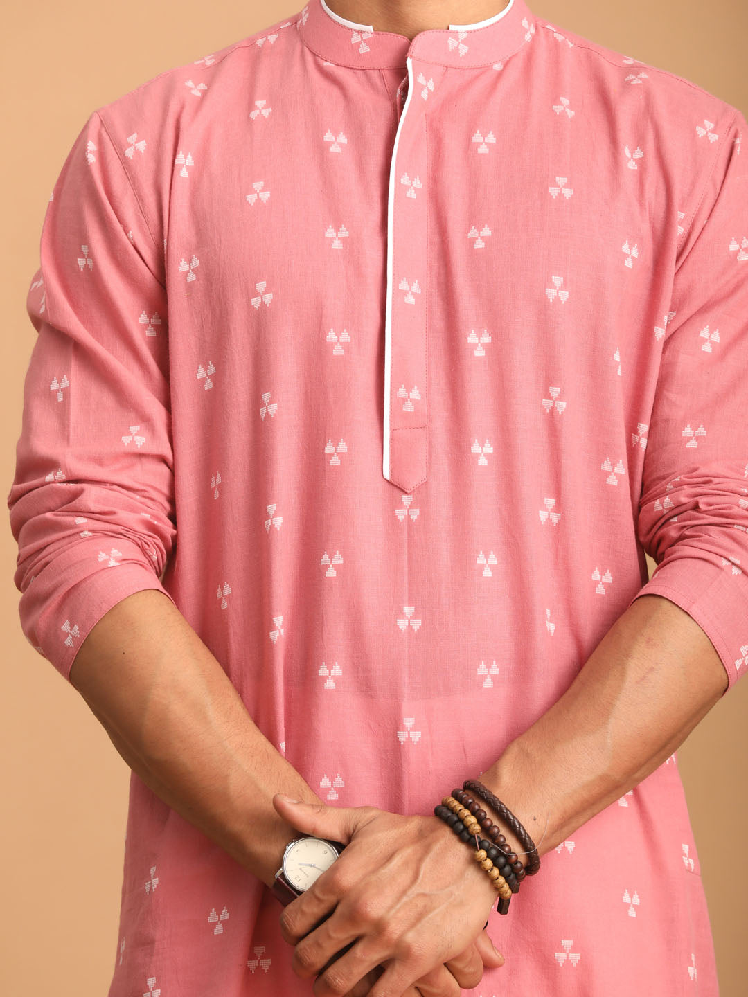 Men's Pink And White Cotton Kurta And Pyjama Set