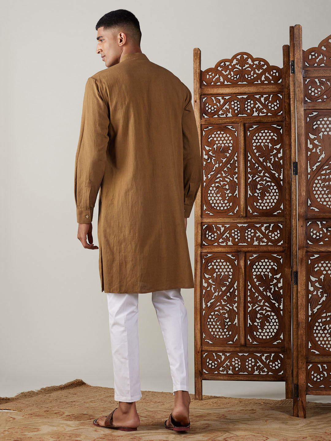 Men's Coffee And White Cotton Kurta Pyjama Set