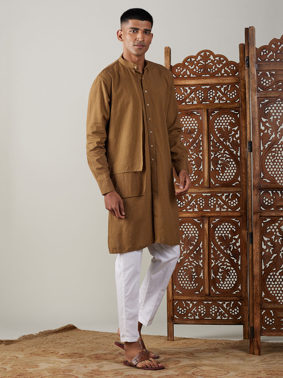 Men's Coffee And White Cotton Kurta Pyjama Set