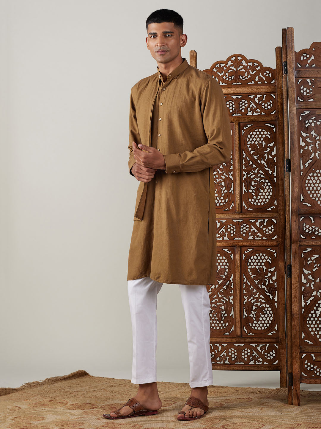 Men's Coffee And White Cotton Kurta Pyjama Set