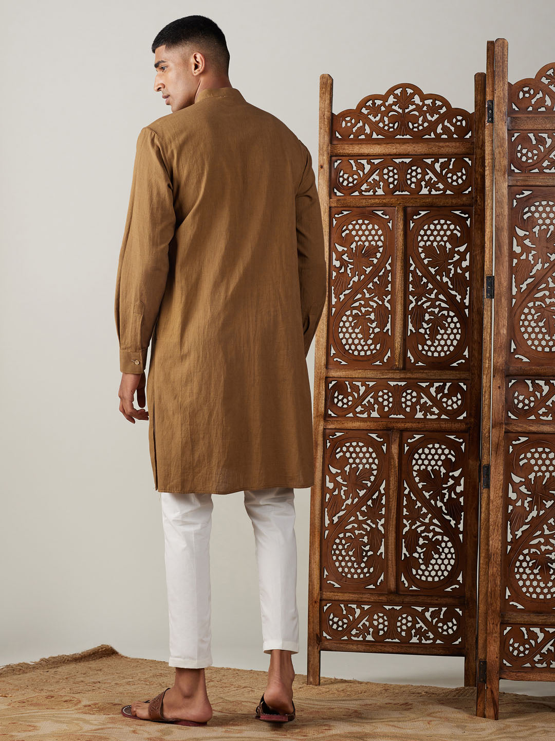 Men's Coffee And Cream Cotton Kurta Pyjama Set