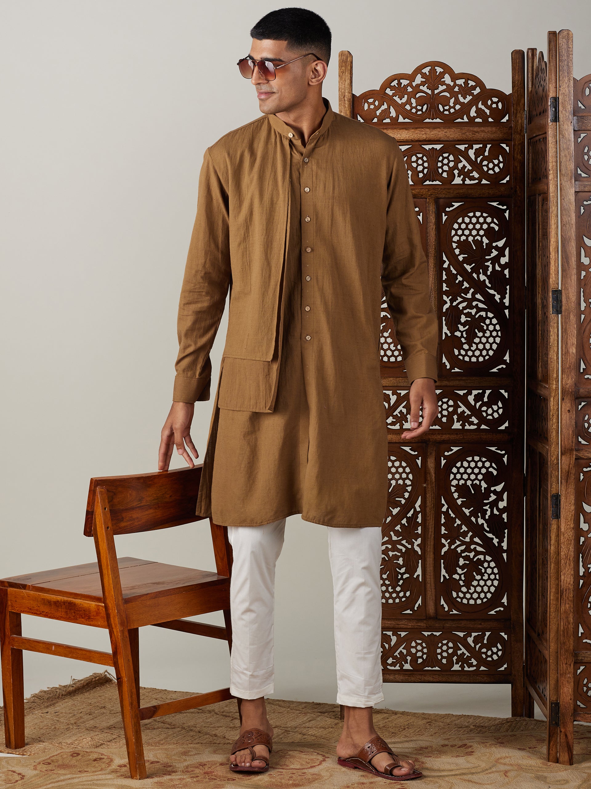 Men's Coffee And Cream Cotton Kurta Pyjama Set