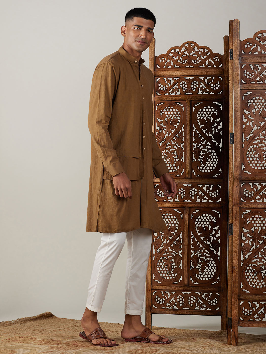 Men's Coffee And Cream Cotton Kurta Pyjama Set