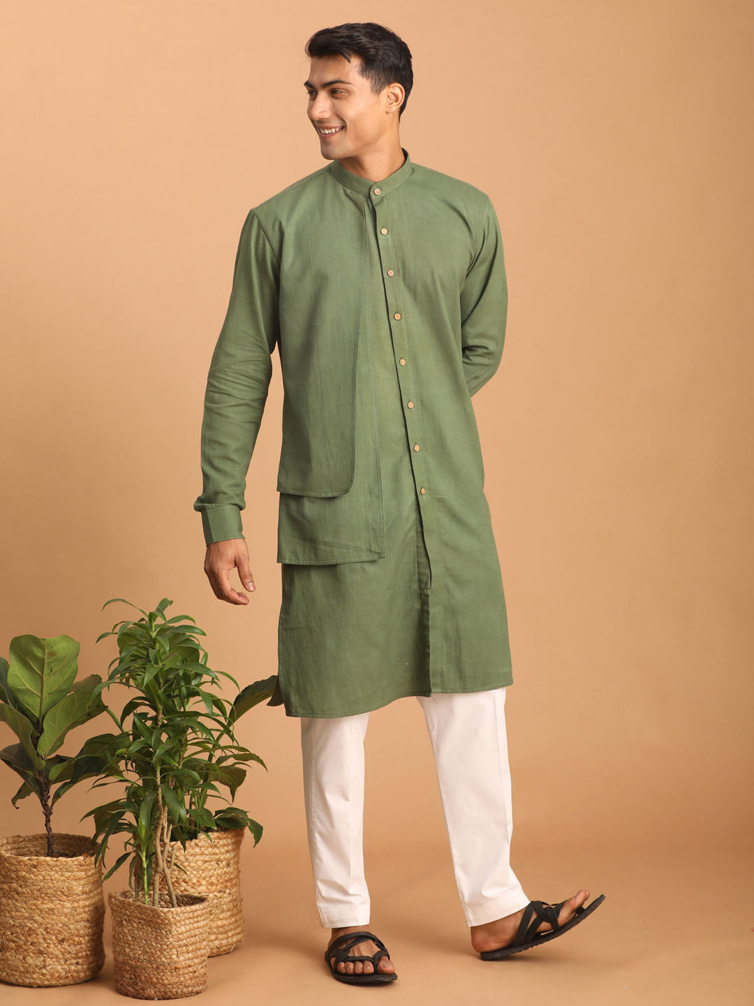 Men's Green Cotton Kurta And Pyjama Set