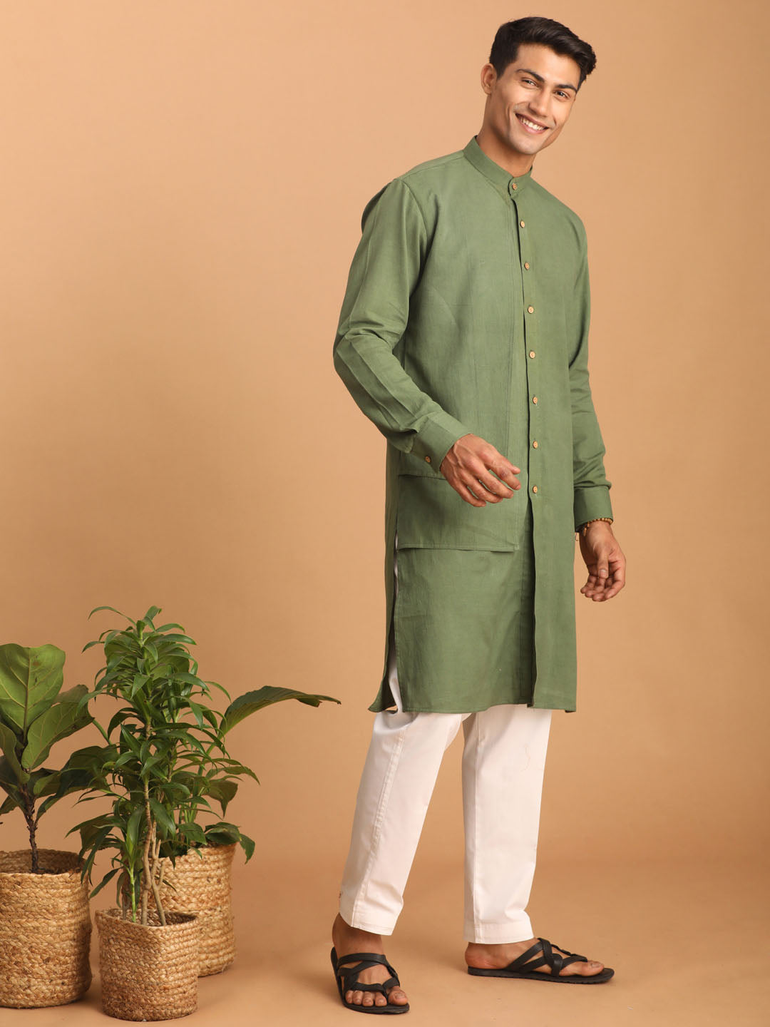 Men's Green Cotton Kurta And Pyjama Set