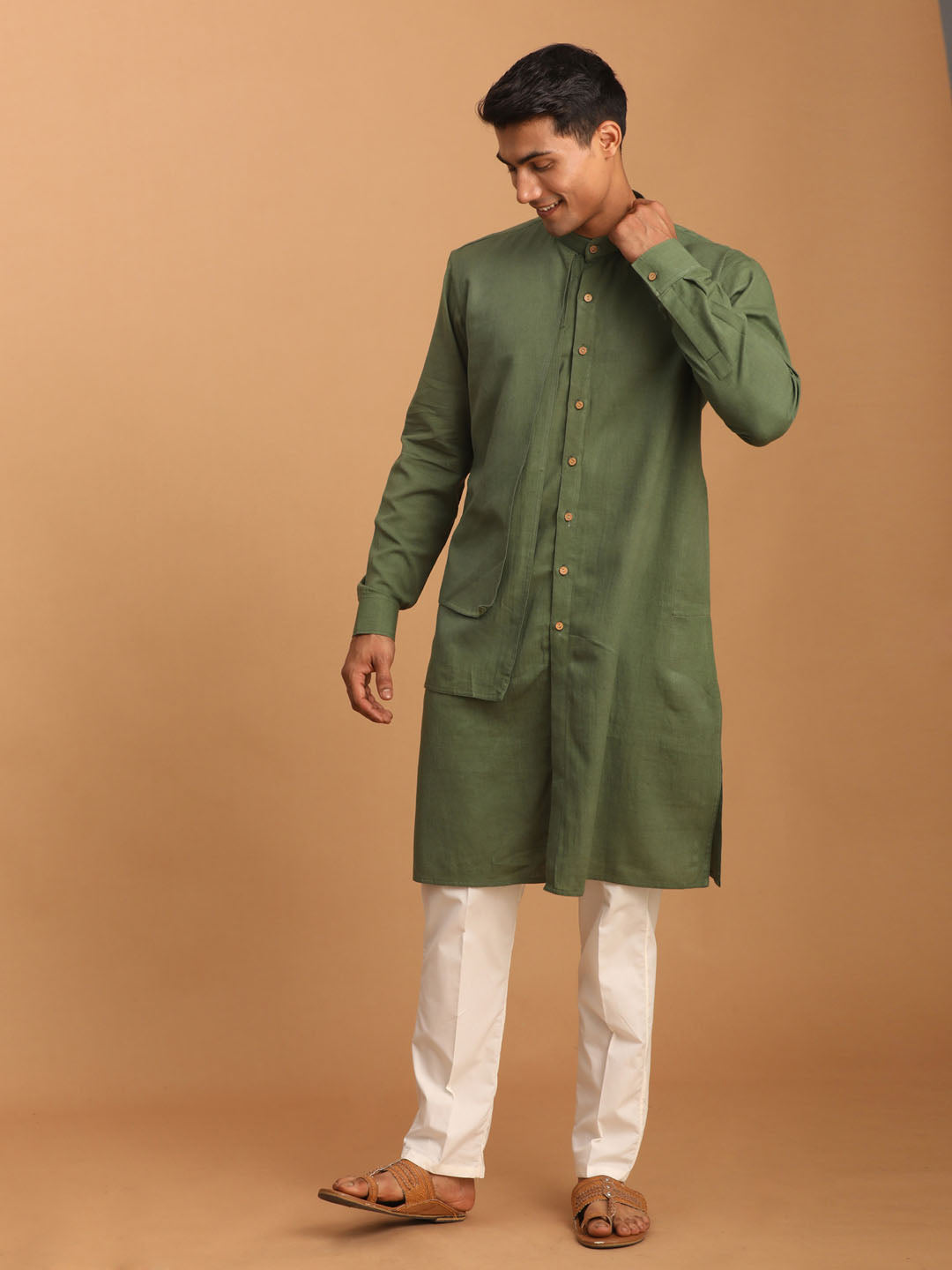 Men's Green And Cream Cotton Kurta Pyjama Set