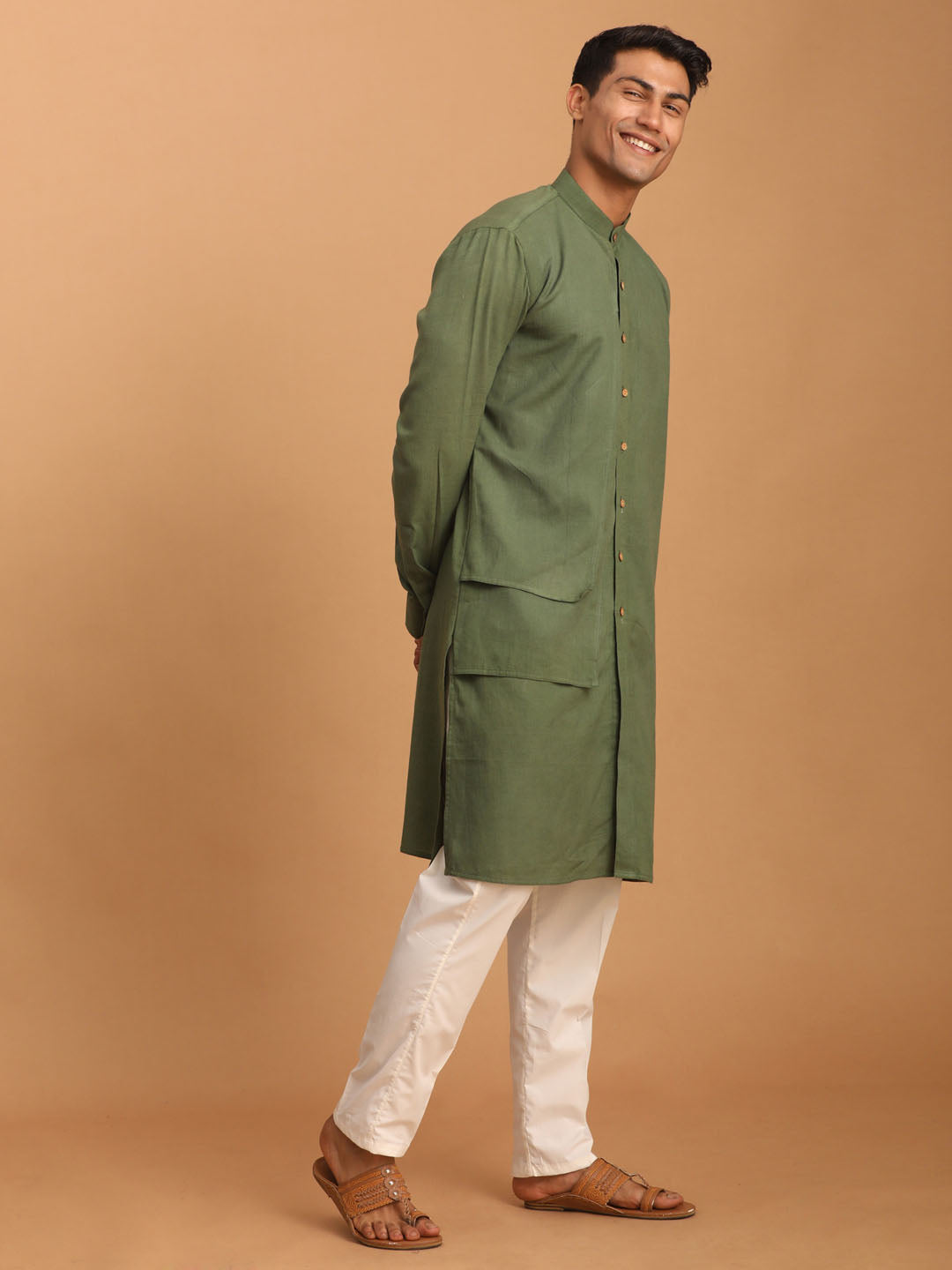 Men's Green And Cream Cotton Kurta Pyjama Set